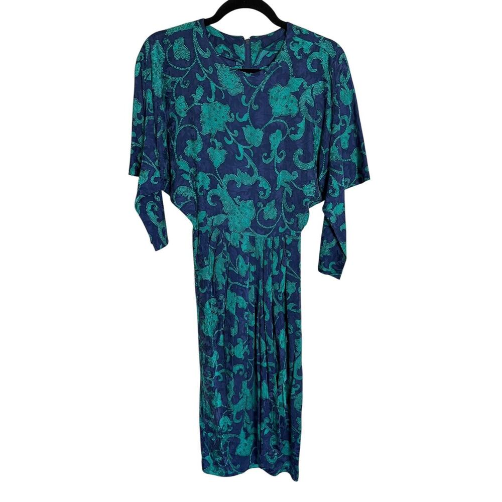Vintage 80s does 40s Blue Green Silk Dress Draped Skirt Batwing Sleeve Size 0 XS